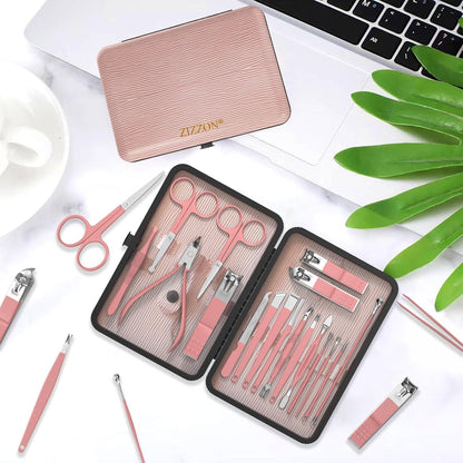 Maniküre-Set 18 in 1 Professionelles Pediküre-Set Nagelschere Grooming Kit Mit Leder Kulturbeutel in Pink