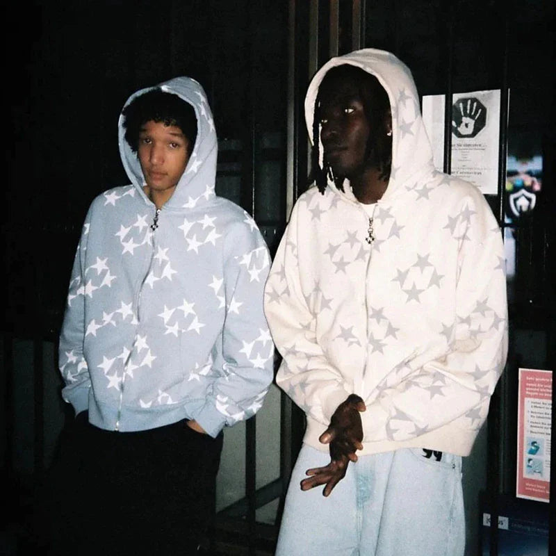 Get Ready to Turn Heads: 2022 Men Y2K Streetwear Hip Hop Zip Up Hoodie with Star Power and Anime Vibes!