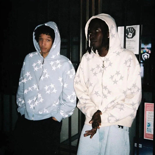 Get Ready to Turn Heads: 2022 Men Y2K Streetwear Hip Hop Zip Up Hoodie with Star Power and Anime Vibes!