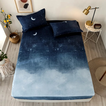 Bed Sheet Blue Night Sky Reactive Prined Bed Sheets and Pillowcase Drap De Lit Sheet on Elastic