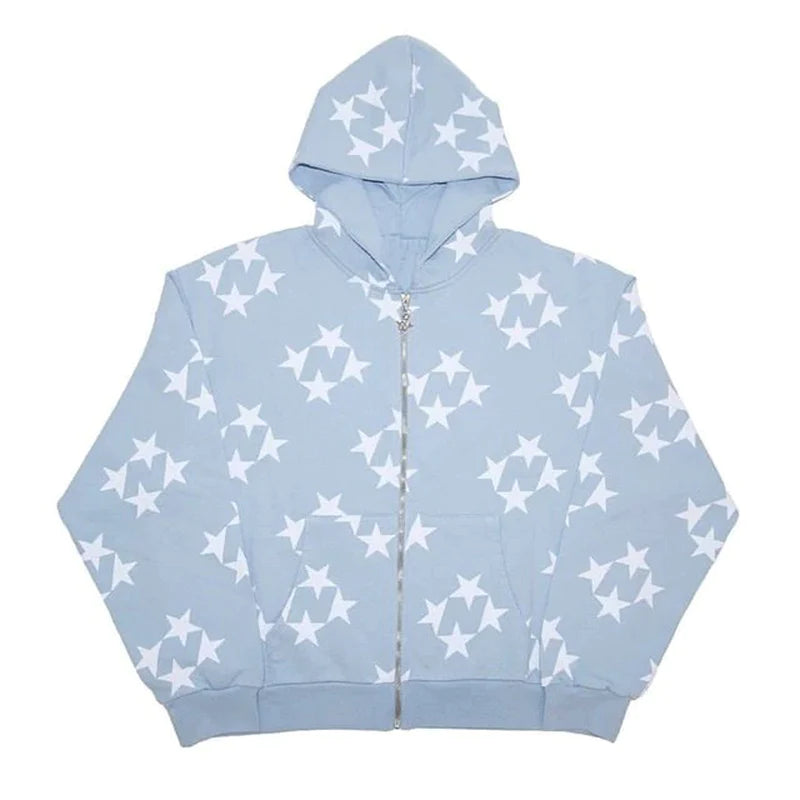 Get Ready to Turn Heads: 2022 Men Y2K Streetwear Hip Hop Zip Up Hoodie with Star Power and Anime Vibes!