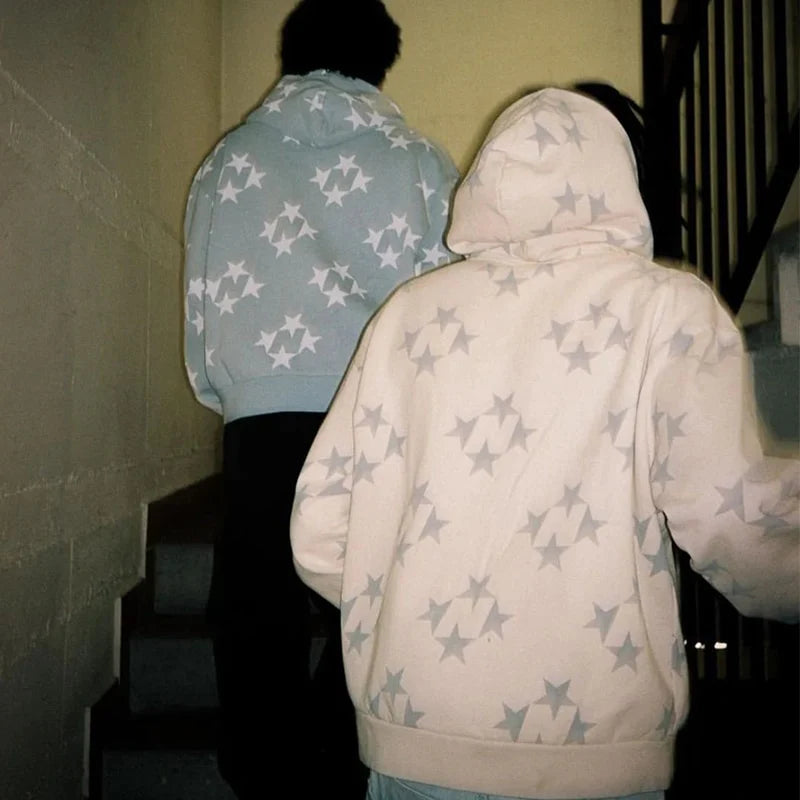 Get Ready to Turn Heads: 2022 Men Y2K Streetwear Hip Hop Zip Up Hoodie with Star Power and Anime Vibes!