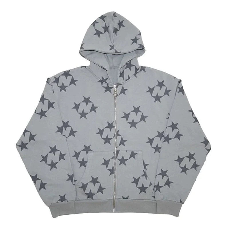 Get Ready to Turn Heads: 2022 Men Y2K Streetwear Hip Hop Zip Up Hoodie with Star Power and Anime Vibes!