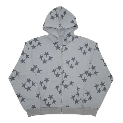 Get Ready to Turn Heads: 2022 Men Y2K Streetwear Hip Hop Zip Up Hoodie with Star Power and Anime Vibes!