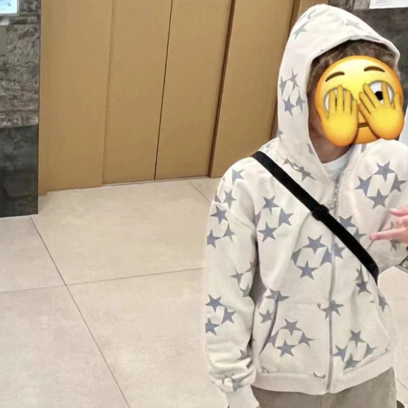 Get Ready to Turn Heads: 2022 Men Y2K Streetwear Hip Hop Zip Up Hoodie with Star Power and Anime Vibes!