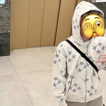 Get Ready to Turn Heads: 2022 Men Y2K Streetwear Hip Hop Zip Up Hoodie with Star Power and Anime Vibes!