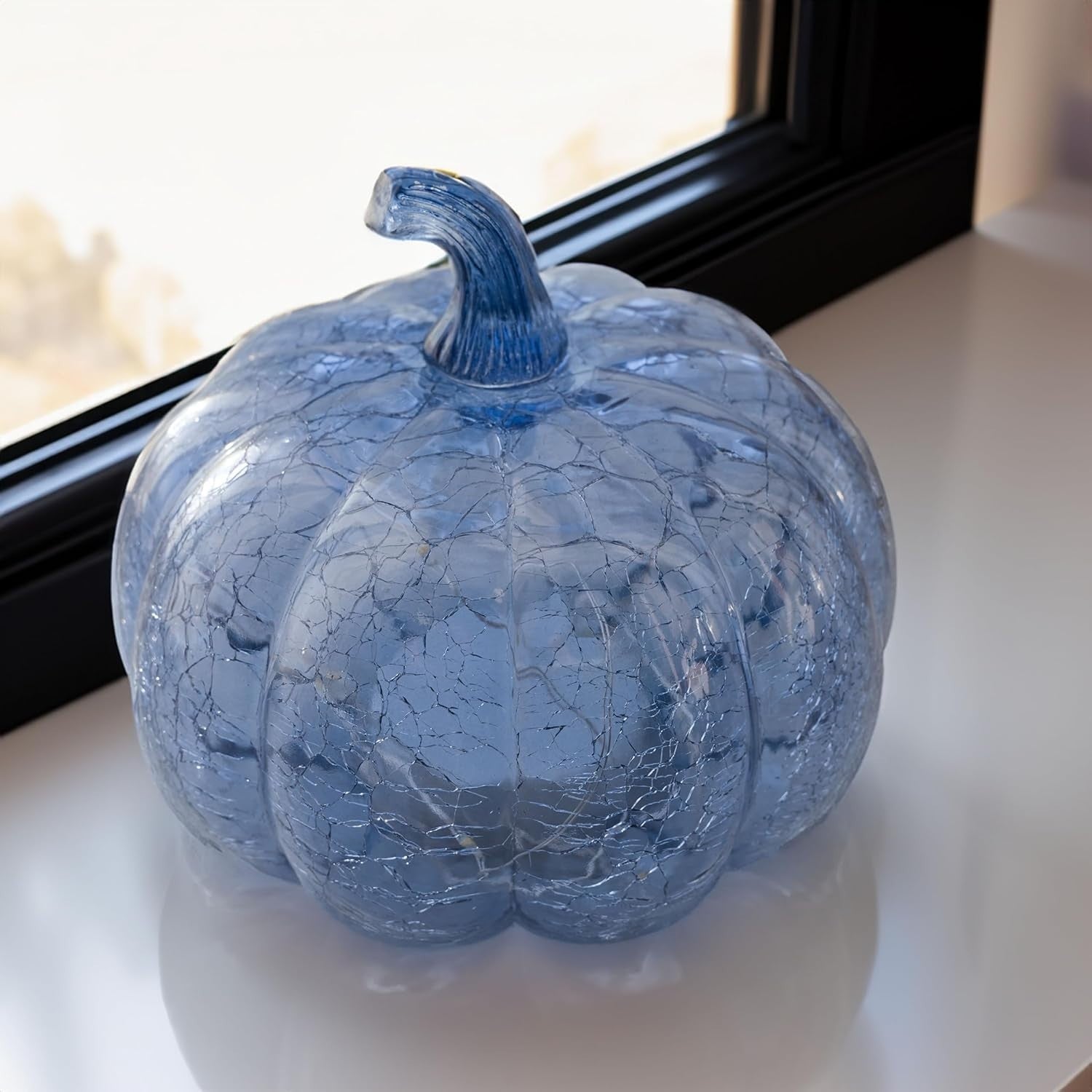 Indigoblaues Rissglas Kürbis Licht Mit LED Timer – Flackerndes Und Twinkle-Ef...