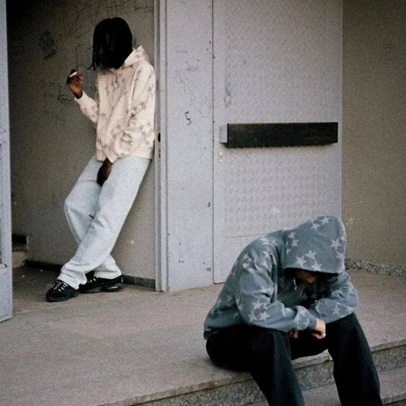 Get Ready to Turn Heads: 2022 Men Y2K Streetwear Hip Hop Zip Up Hoodie with Star Power and Anime Vibes!