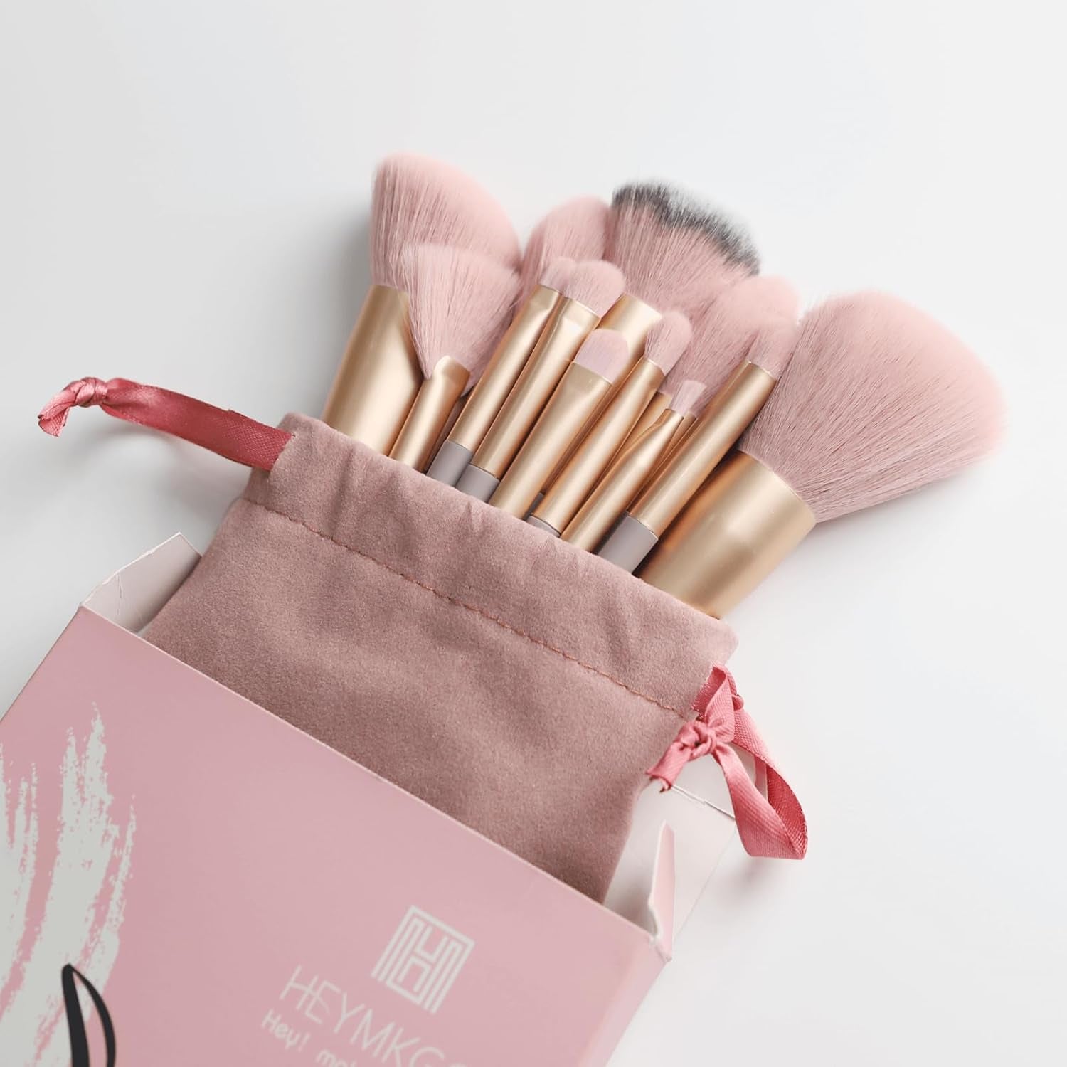 Pinselset Makeup HEYMKGO 15Pcs Synthetische Borsten Grüne Farbe Konischer Griff Make up Pinsel Set Schminkpinsel Gesicht Auge Lidschatten Mit Tragbarer Kordelzug Flanell Tasche (Rosa)