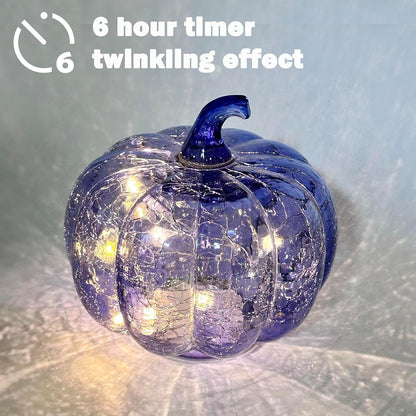 Indigoblaues Rissglas Kürbis Licht Mit LED Timer – Flackerndes Und Twinkle-Ef...