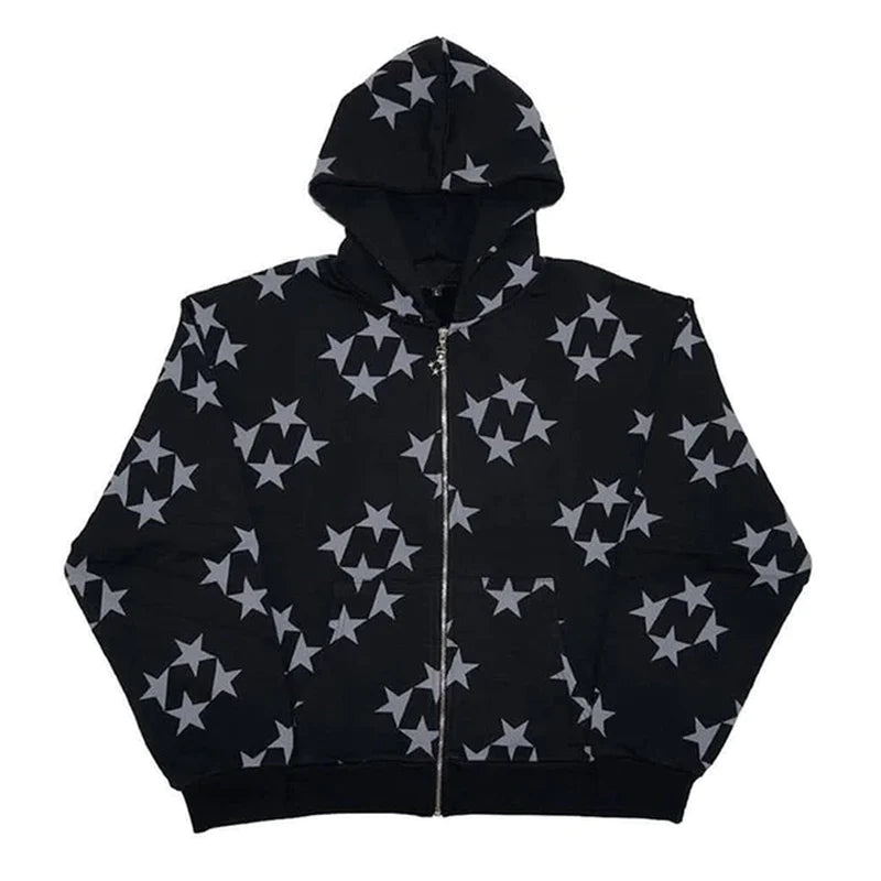Get Ready to Turn Heads: 2022 Men Y2K Streetwear Hip Hop Zip Up Hoodie with Star Power and Anime Vibes!
