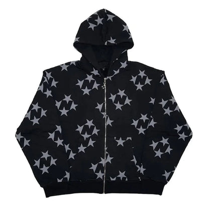Get Ready to Turn Heads: 2022 Men Y2K Streetwear Hip Hop Zip Up Hoodie with Star Power and Anime Vibes!