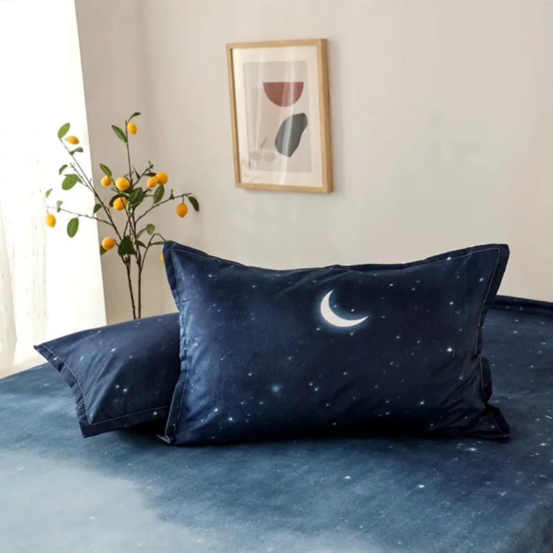 Bed Sheet Blue Night Sky Reactive Prined Bed Sheets and Pillowcase Drap De Lit Sheet on Elastic