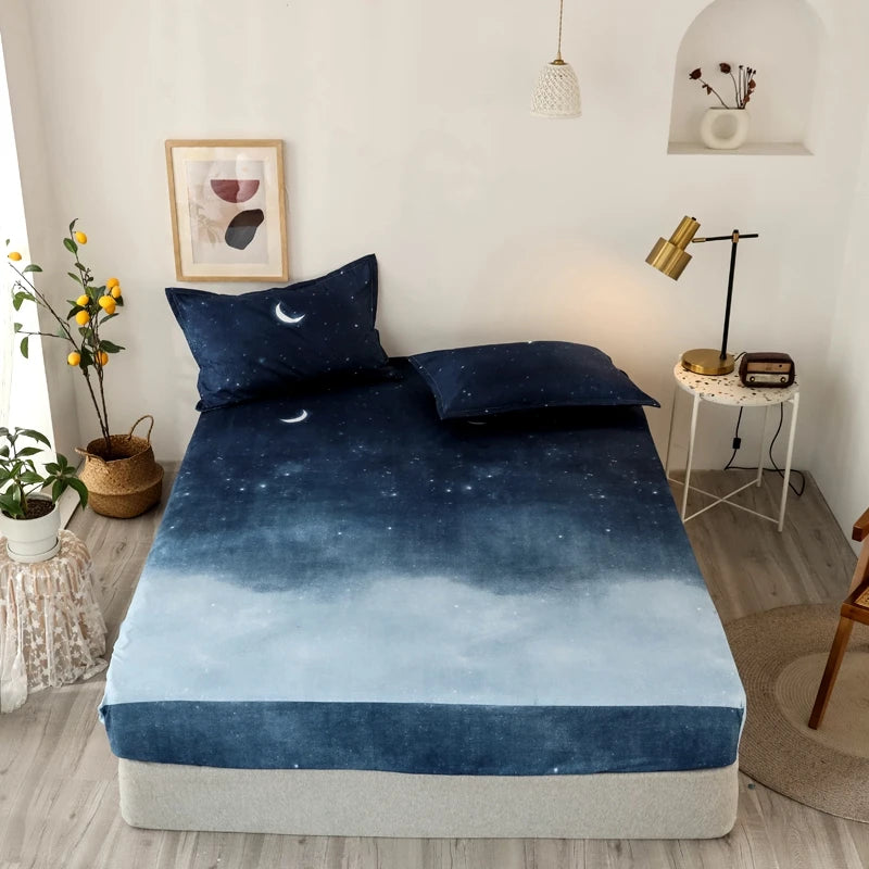 Bed Sheet Blue Night Sky Reactive Prined Bed Sheets and Pillowcase Drap De Lit Sheet on Elastic