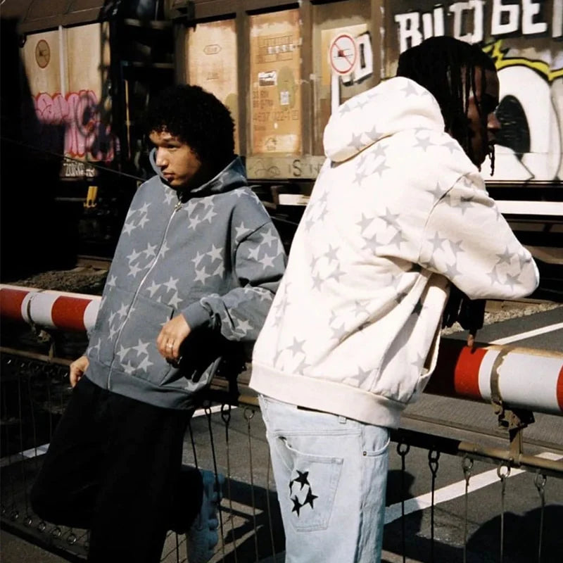 Get Ready to Turn Heads: 2022 Men Y2K Streetwear Hip Hop Zip Up Hoodie with Star Power and Anime Vibes!